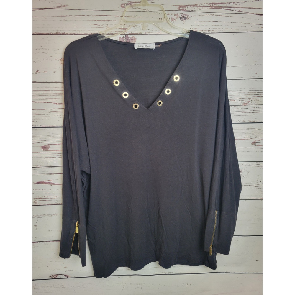 Calvin Klein Zipped Long Sleeves Top Black V-Neck Preppy Casual Women's‎ Size XL